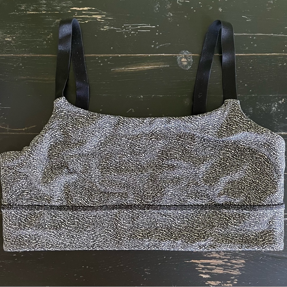 Lululemon, sports bra, black, gray, and white flex